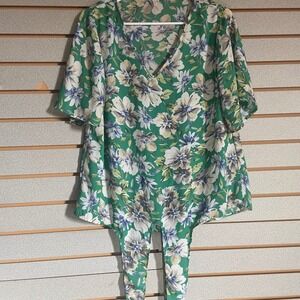 MTS Floral Print Green V Neck Short Sleeve Tie Front Tunic Top Blouse Small